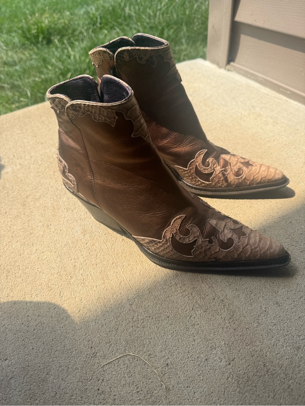 Donald J. Pliner Bronze Metallic Ankle Boots with Snakeskin Trim - Picture 3 of 3